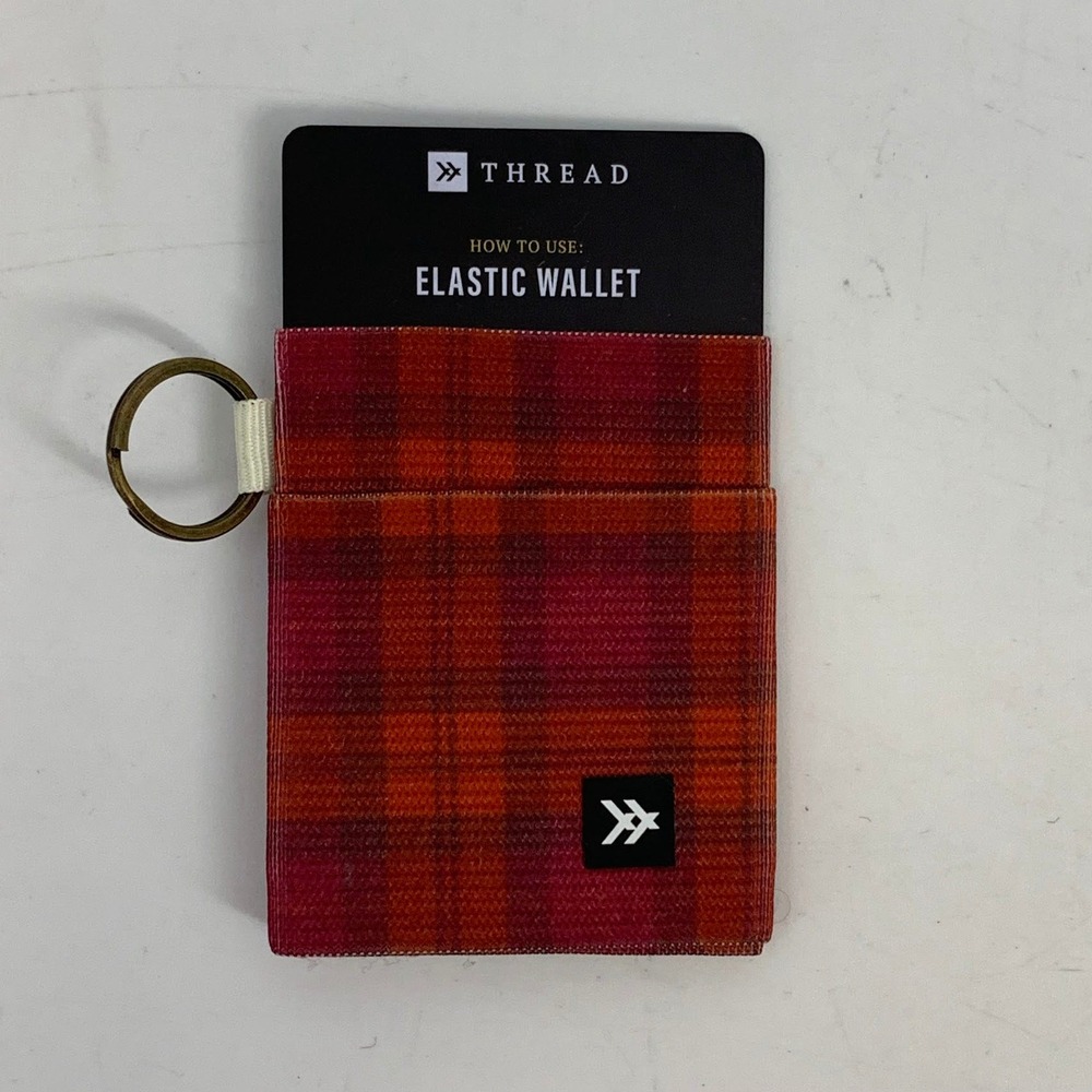 THREAD Elastic Wallet Card‎ Holder Bronze Key Ring Orange Red Plaid
